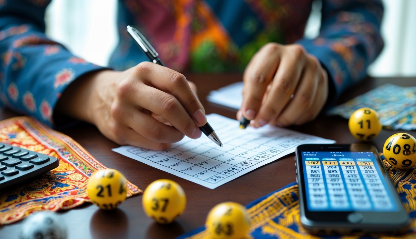 Tangan seseorang menulis angka di atas kertas dengan bola lotre bernomor dan alat hitung di atas meja.