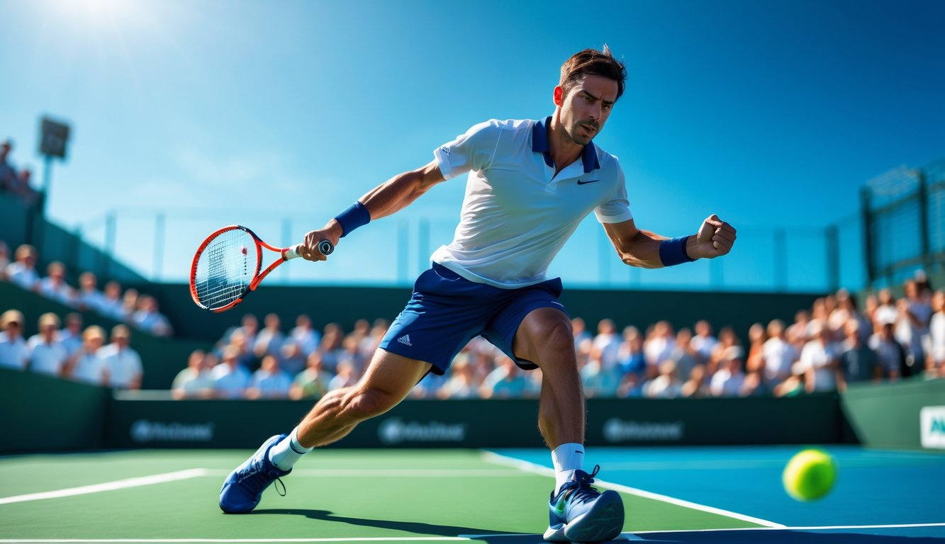 Seorang pemain tenis pria sedang melakukan pukulan forehand di lapangan tenis luar ruangan dengan penonton di latar belakang.