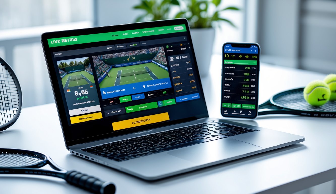 Meja kerja dengan laptop dan ponsel yang menampilkan pertandingan tenis dan skor taruhan secara online, dengan raket tenis dan bola di latar belakang.