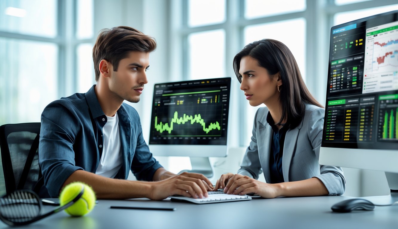 Dua orang profesional sedang menganalisis statistik pertandingan tenis di depan komputer di sebuah kantor modern.