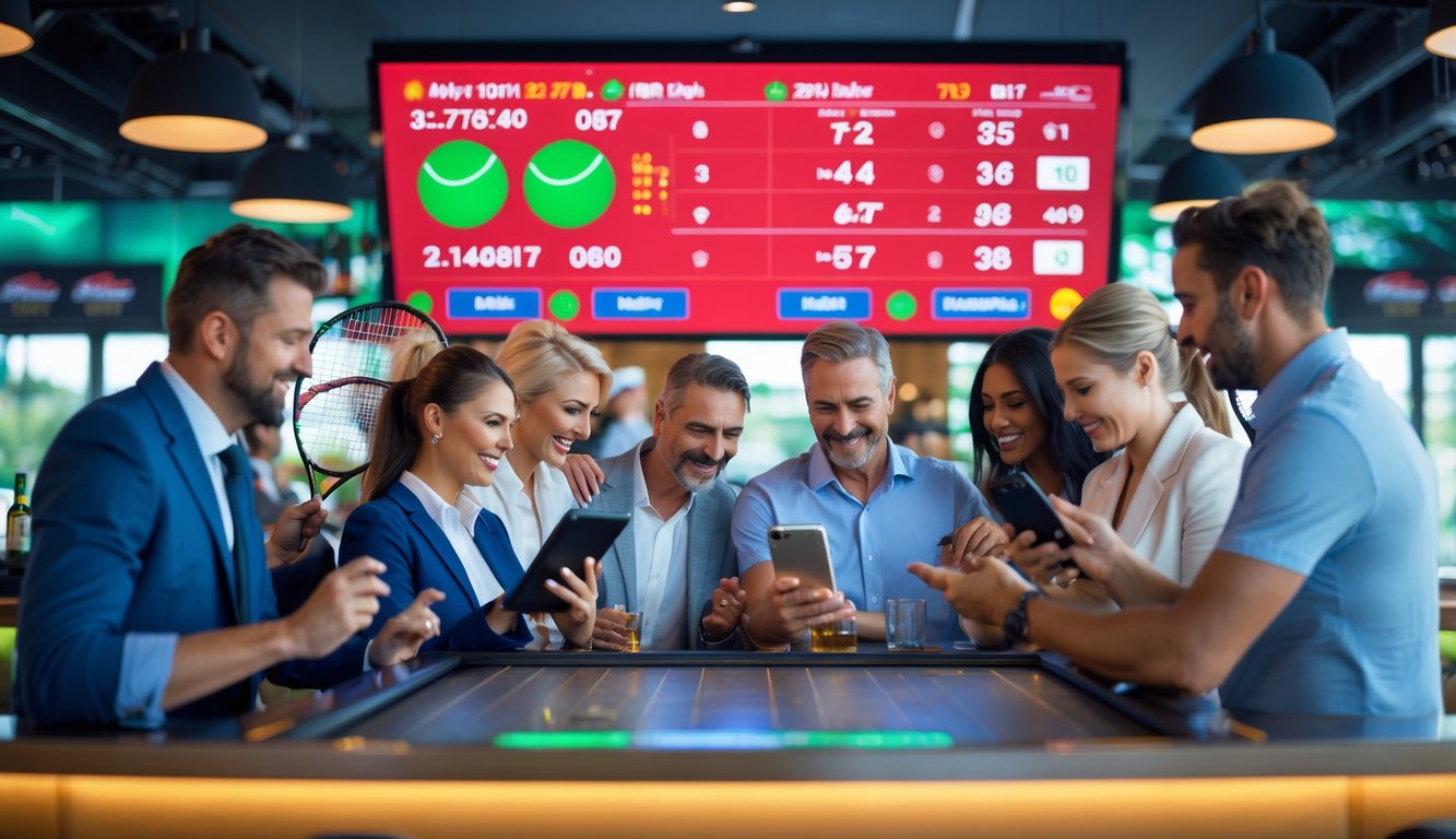 Sekelompok orang sedang melihat layar besar dengan statistik pertandingan tenis dan memasang taruhan menggunakan perangkat digital di sebuah ruang olahraga yang terang dan modern.