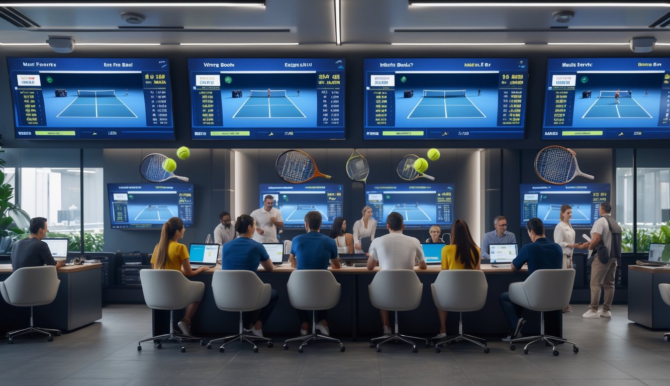 Suasana kantor agen taruhan tenis dengan beberapa orang yang sedang melihat layar pertandingan tenis dan memasang taruhan.