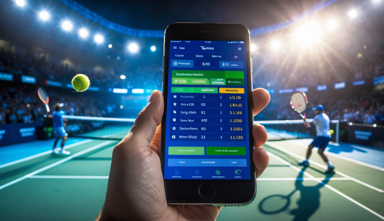 Seorang pemain tenis sedang melakukan pukulan di lapangan dengan penonton di tribun dan sebuah ponsel yang menampilkan statistik pertandingan tenis.