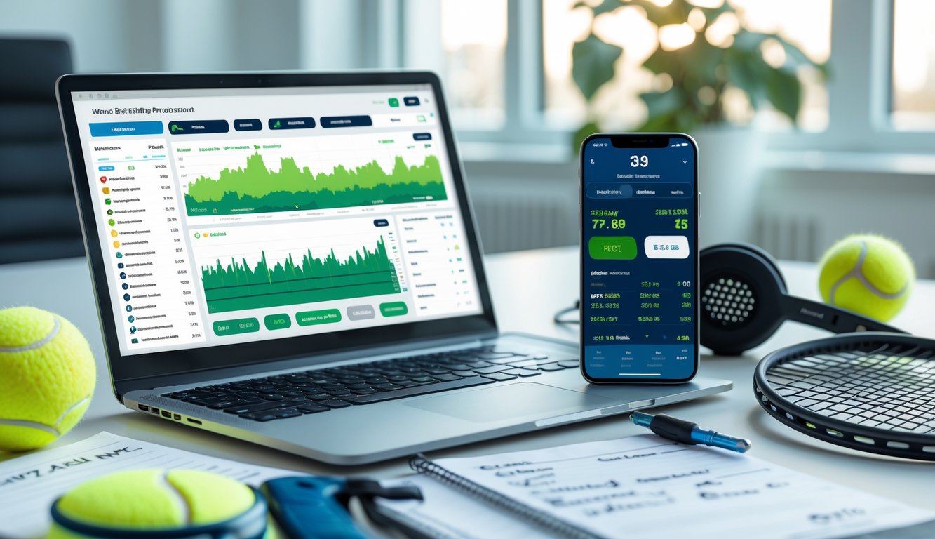 Meja kerja dengan laptop, smartphone, dan alat tenis seperti bola dan raket, menunjukkan suasana analisis taruhan tenis.