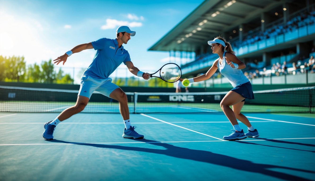 Dua pemain tenis sedang bertanding di lapangan tenis luar ruangan dengan langit cerah dan tribun penonton di latar belakang.