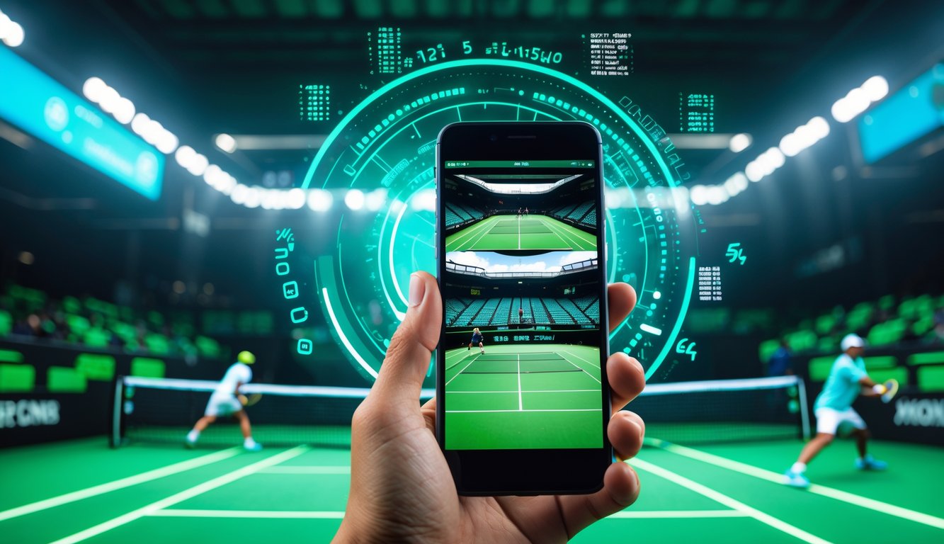 Seorang pemain tenis sedang melakukan pukulan di lapangan tenis dengan perangkat digital yang menampilkan pertandingan tenis dan data taruhan di latar depan.