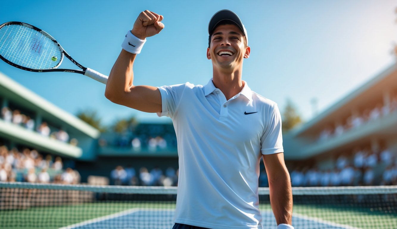 Seorang pria muda berdiri di lapangan tenis sambil mengangkat kepalan tangan dengan ekspresi kemenangan.