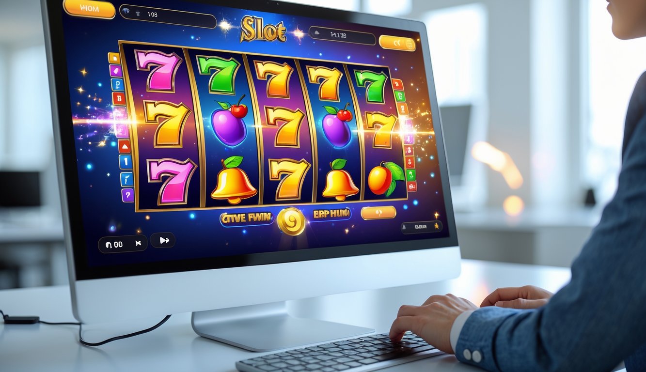 Seseorang sedang bermain permainan slot online di komputer di ruang kantor yang terang dan rapi.