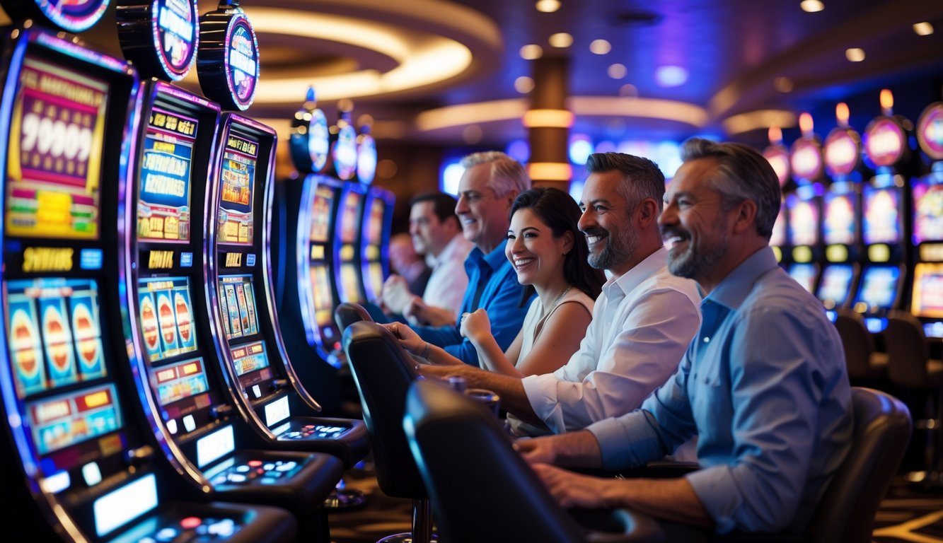 Area mesin slot kasino dengan beberapa orang yang sedang bermain dan terlihat bersemangat.