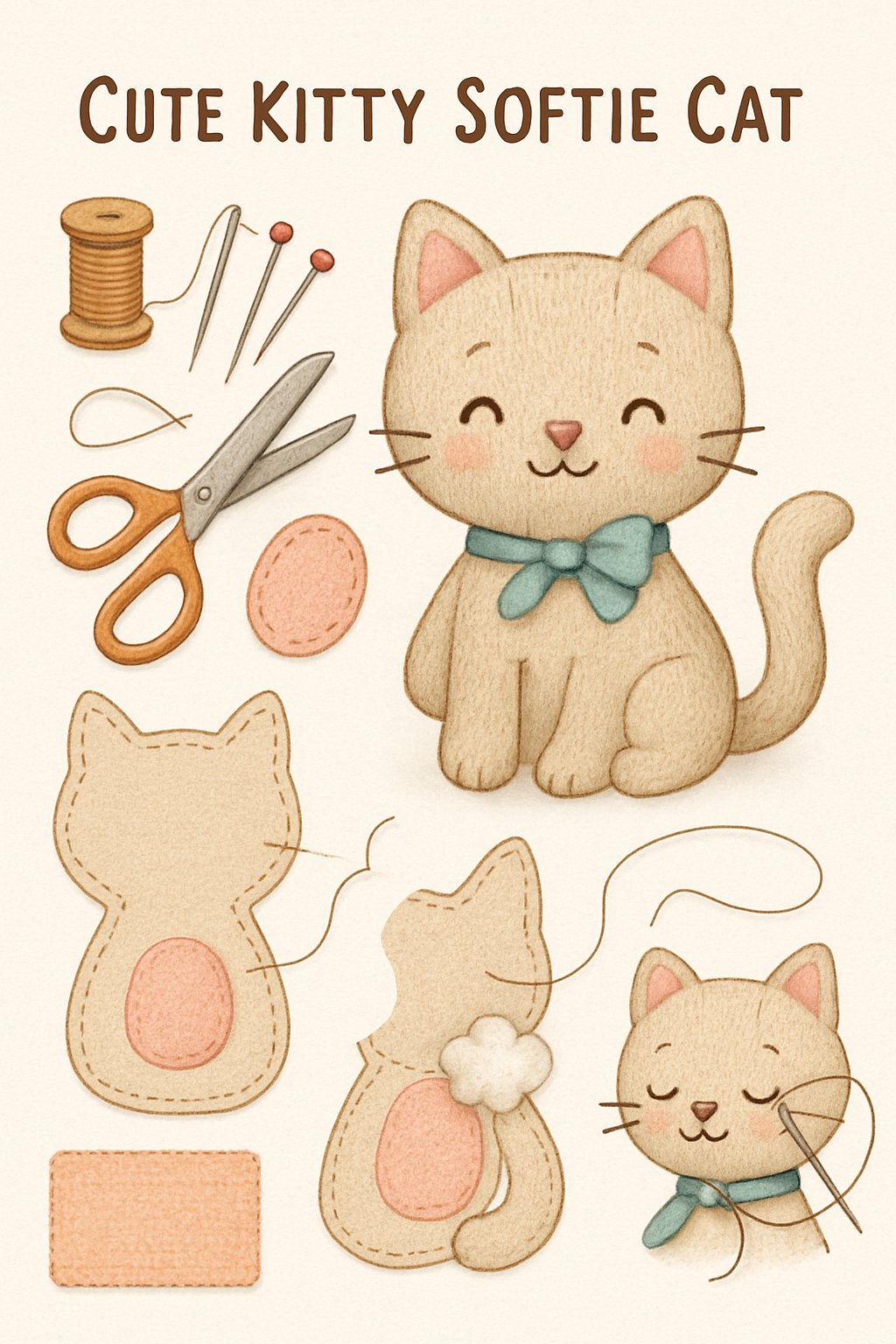 A soft fabric cat plushie with sewing tools and step-by-step illustrations showing how to make it.