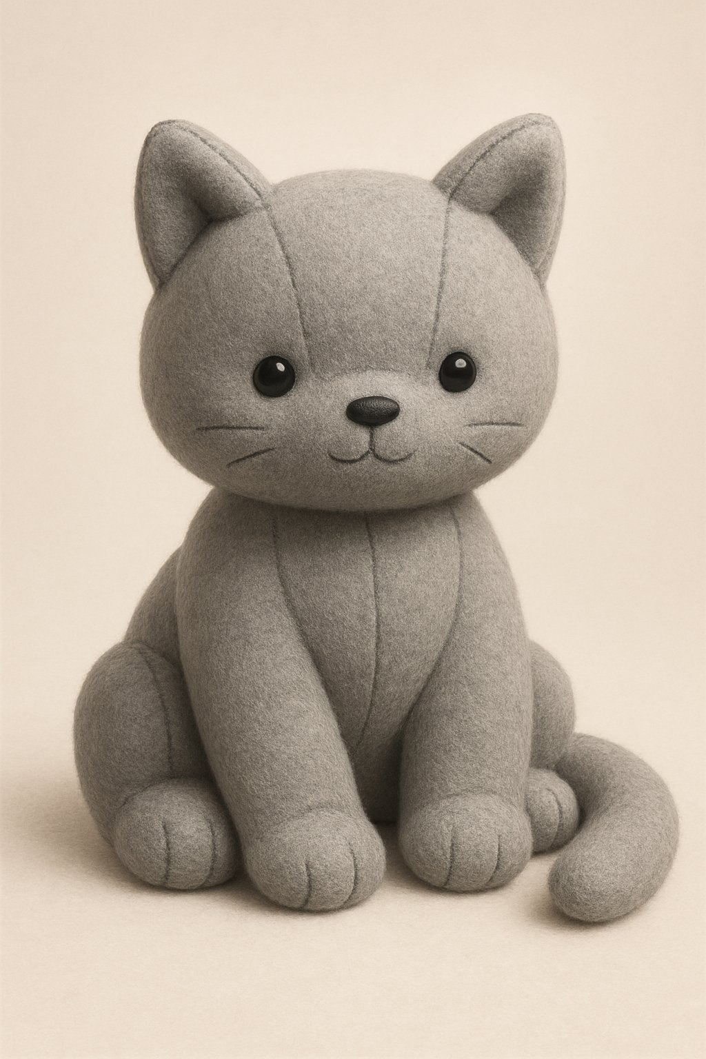A soft gray plush toy cat with rounded shapes and visible stitching, sitting against a plain background.