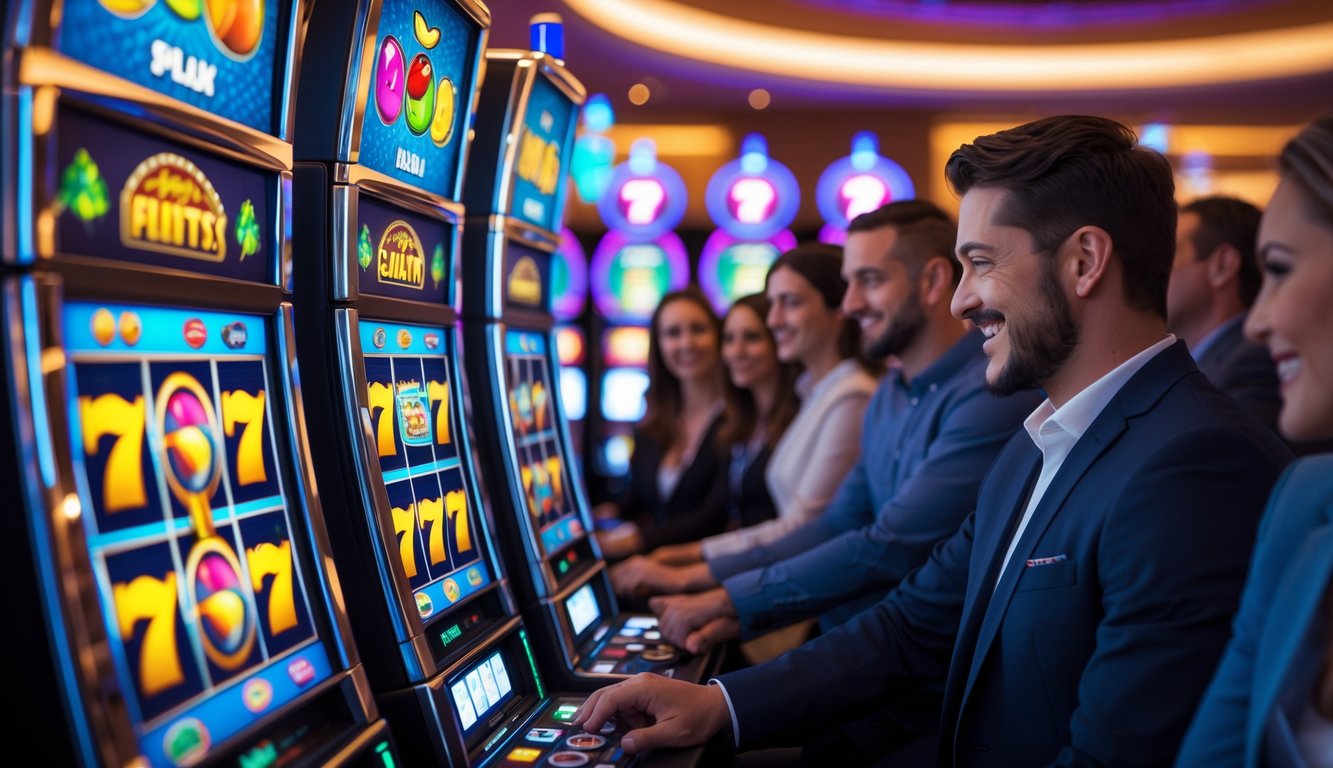 Orang-orang bermain mesin slot yang terang dan berwarna-warni di kasino modern dengan suasana hangat dan menyenangkan.