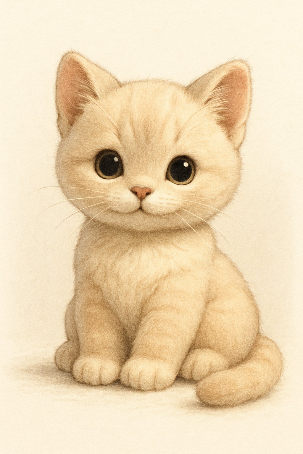 A small plush kitten softie toy sitting upright with its tail curled around its body.