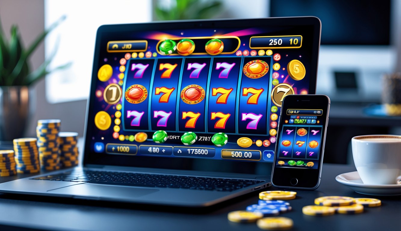 Seseorang menggunakan laptop dan ponsel untuk bermain mesin slot online di meja kerja dengan chip kasino dan kartu remi di sekitar.