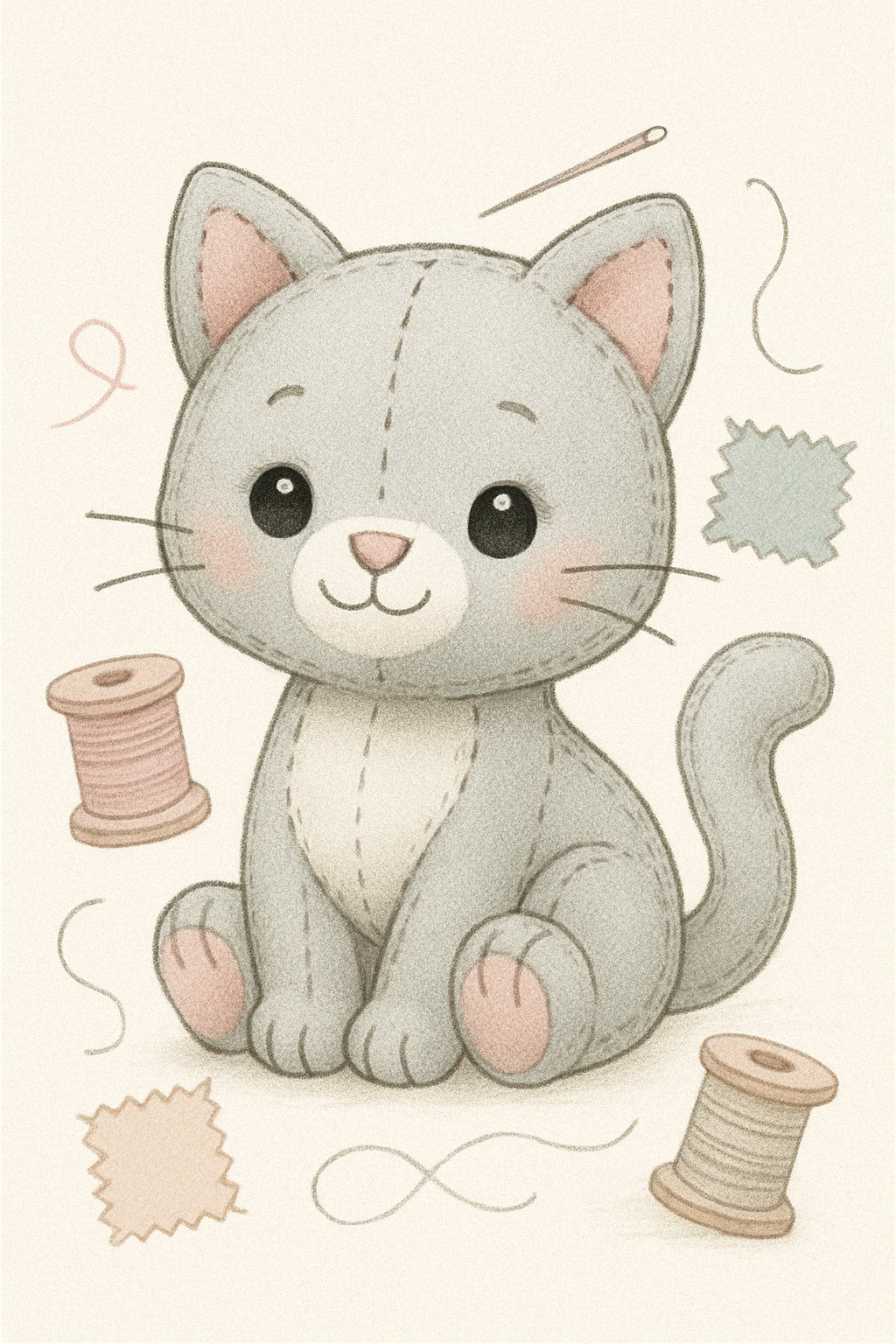 A small, soft fabric cat plush toy sitting upright with sewing materials around it.