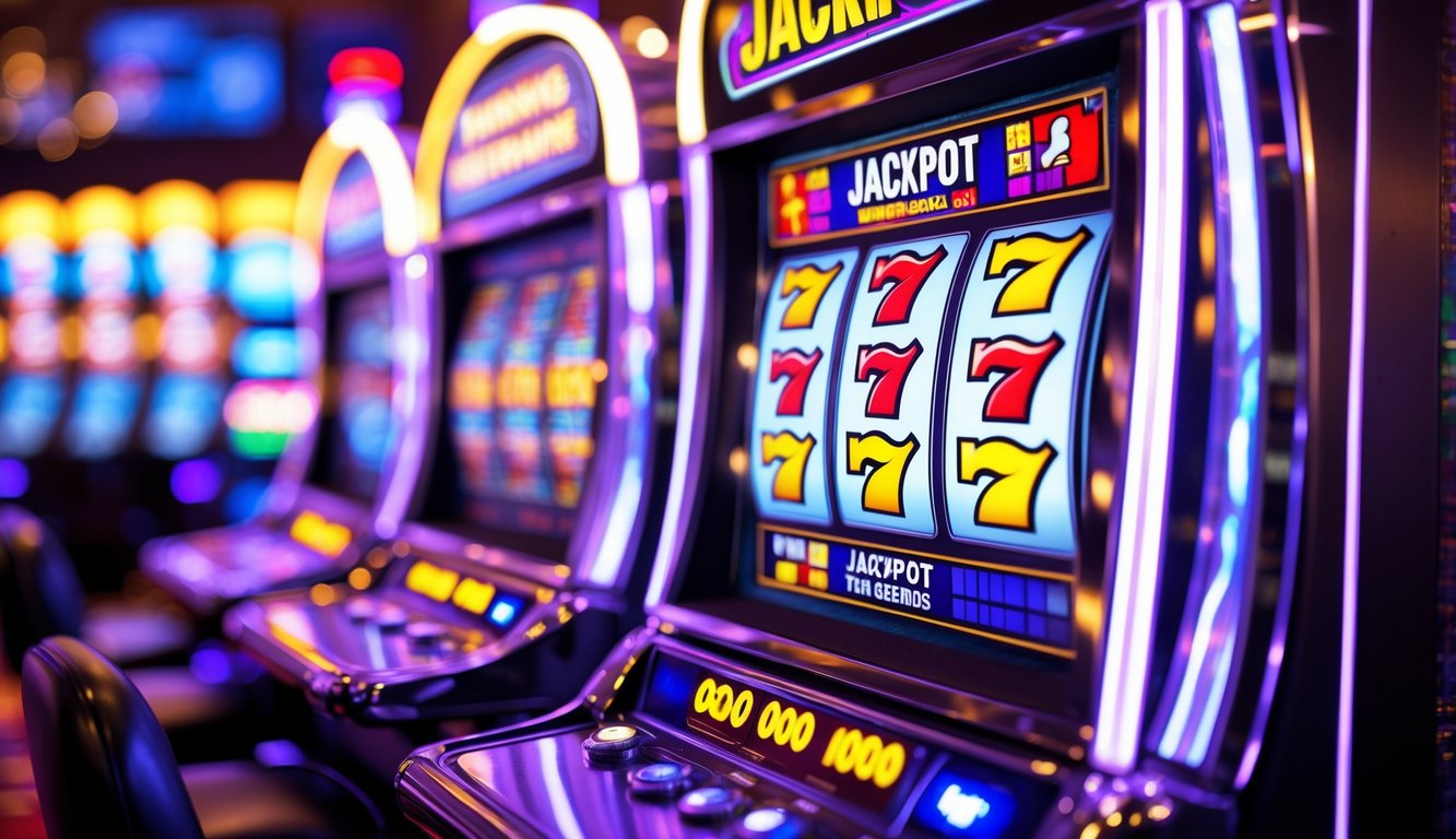 Mesin slot kasino dengan lampu berwarna cerah menampilkan kemenangan jackpot.