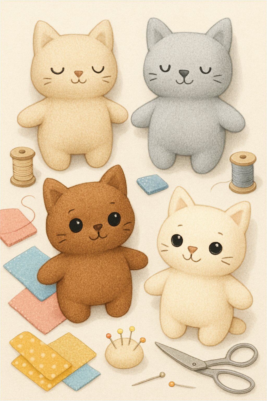Several soft fabric cat plush toys in different colors and fabrics arranged with sewing tools on a clean surface.