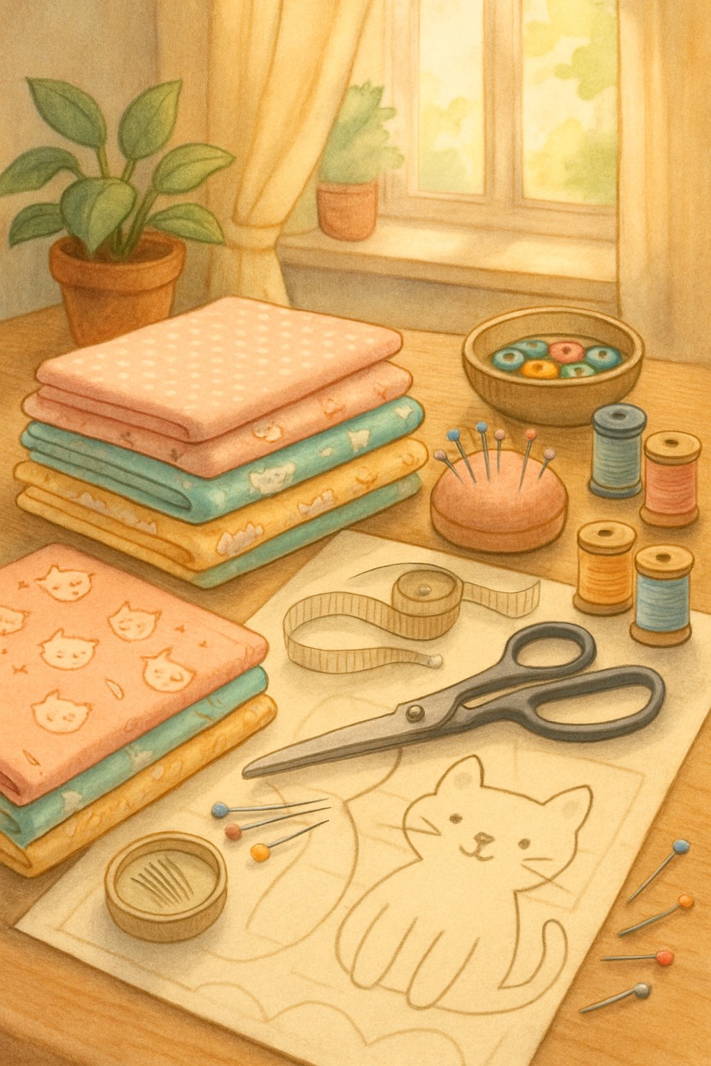 A craft workspace with colorful fabric swatches, sewing tools, and a cat sewing pattern arranged on a table.
