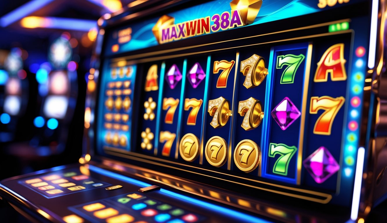 Tampilan layar mesin slot online dengan simbol warna-warni di latar belakang kasino gelap yang modern.