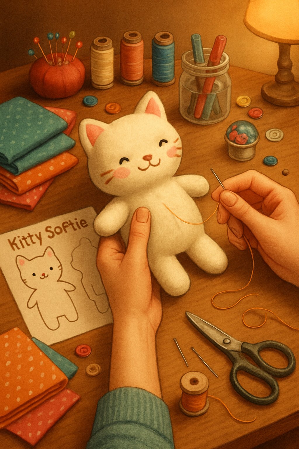 A sewing workspace with a partially made plush cat toy, sewing tools, and hands stitching the soft toy.