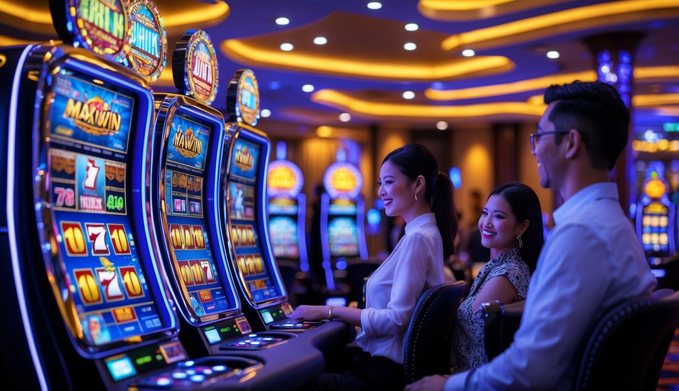 Suasana kasino modern di Indonesia dengan mesin slot berwarna-warni dan pemain yang menikmati permainan.