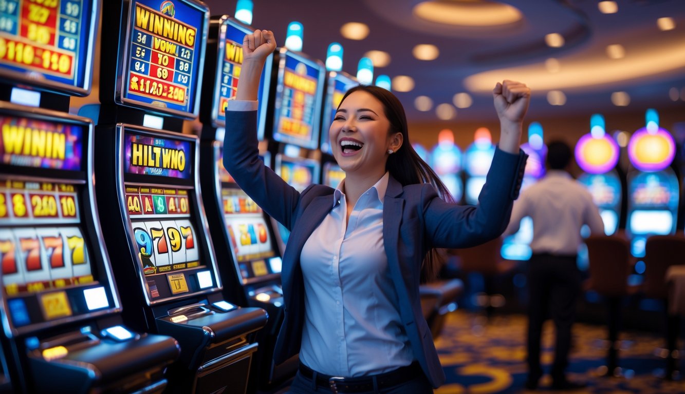 Seseorang yang bahagia merayakan kemenangan besar di mesin slot di dalam kasino.