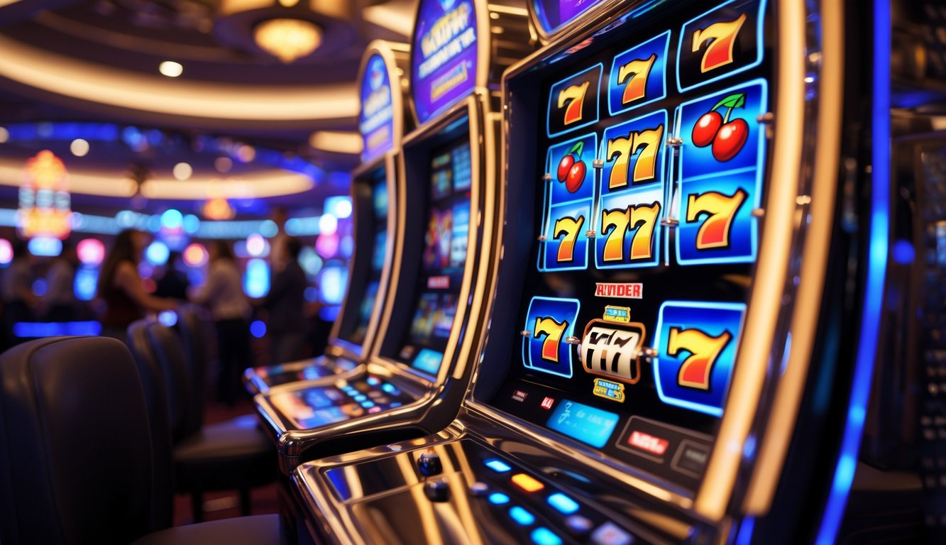 Mesin slot modern di kasino dengan lampu warna-warni dan latar belakang orang yang bermain.