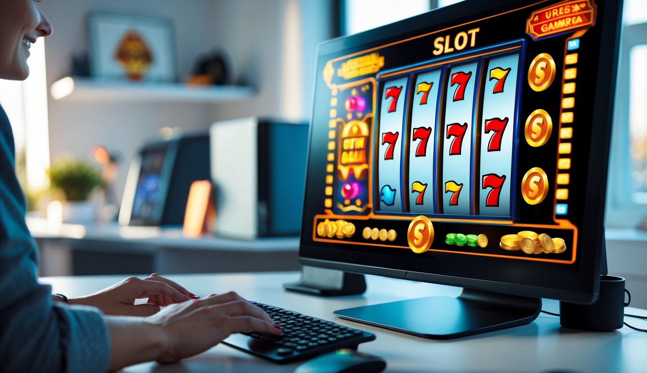 Seseorang bermain permainan slot online di komputer dengan layar menampilkan gulungan slot berwarna-warni di ruang kerja modern.