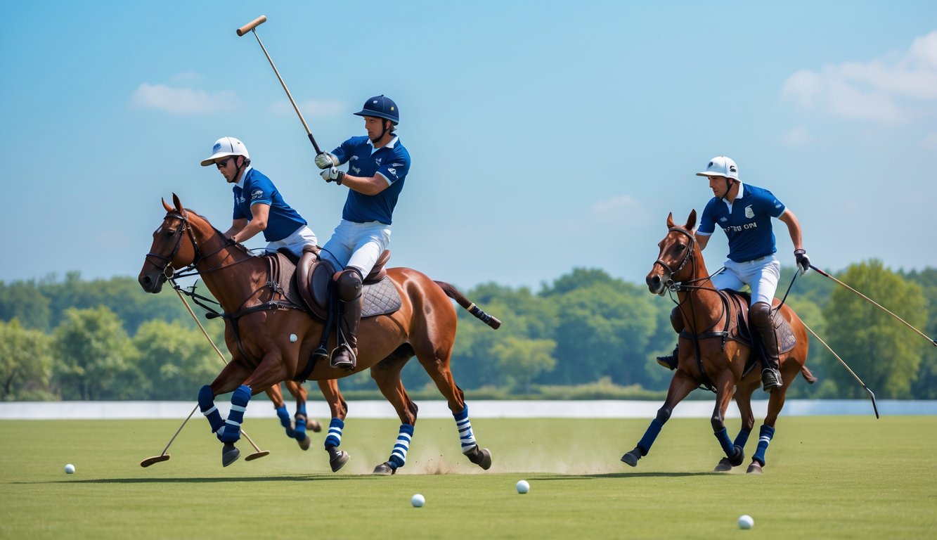 Dua pemain polo berkuda sedang bermain di lapangan hijau dengan langit cerah.