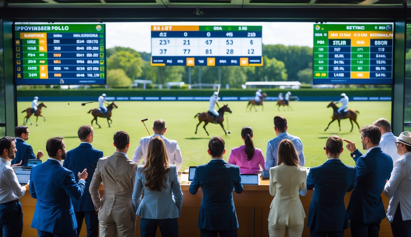 Sekelompok orang sedang berkumpul di sekitar papan taruhan digital untuk pertandingan polo kuda yang sedang berlangsung di lapangan hijau.