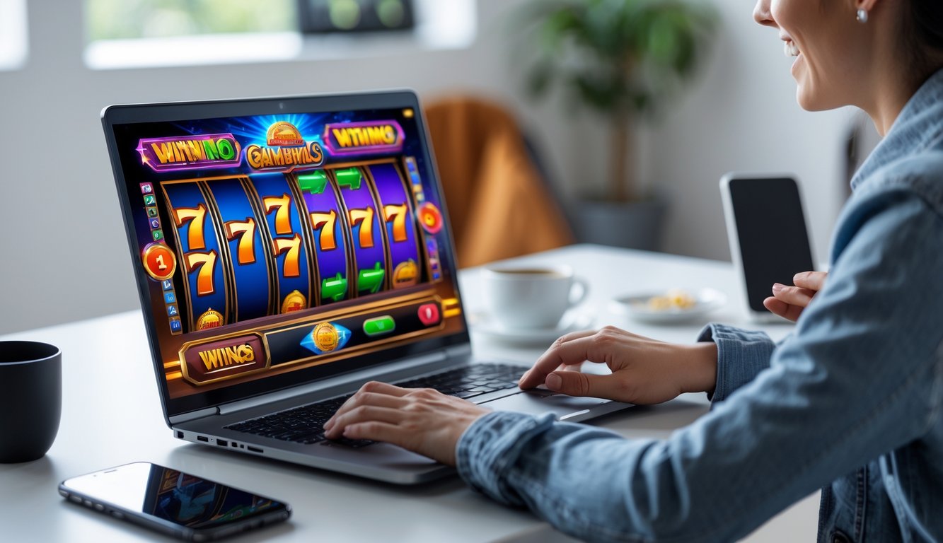 Seseorang sedang bermain permainan slot online di laptop di ruang kerja rumah yang modern.