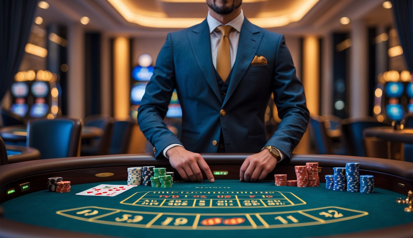 Seorang dealer kasino berdiri di belakang meja permainan dengan chip poker dan kartu, suasana kasino yang elegan dan terpercaya.