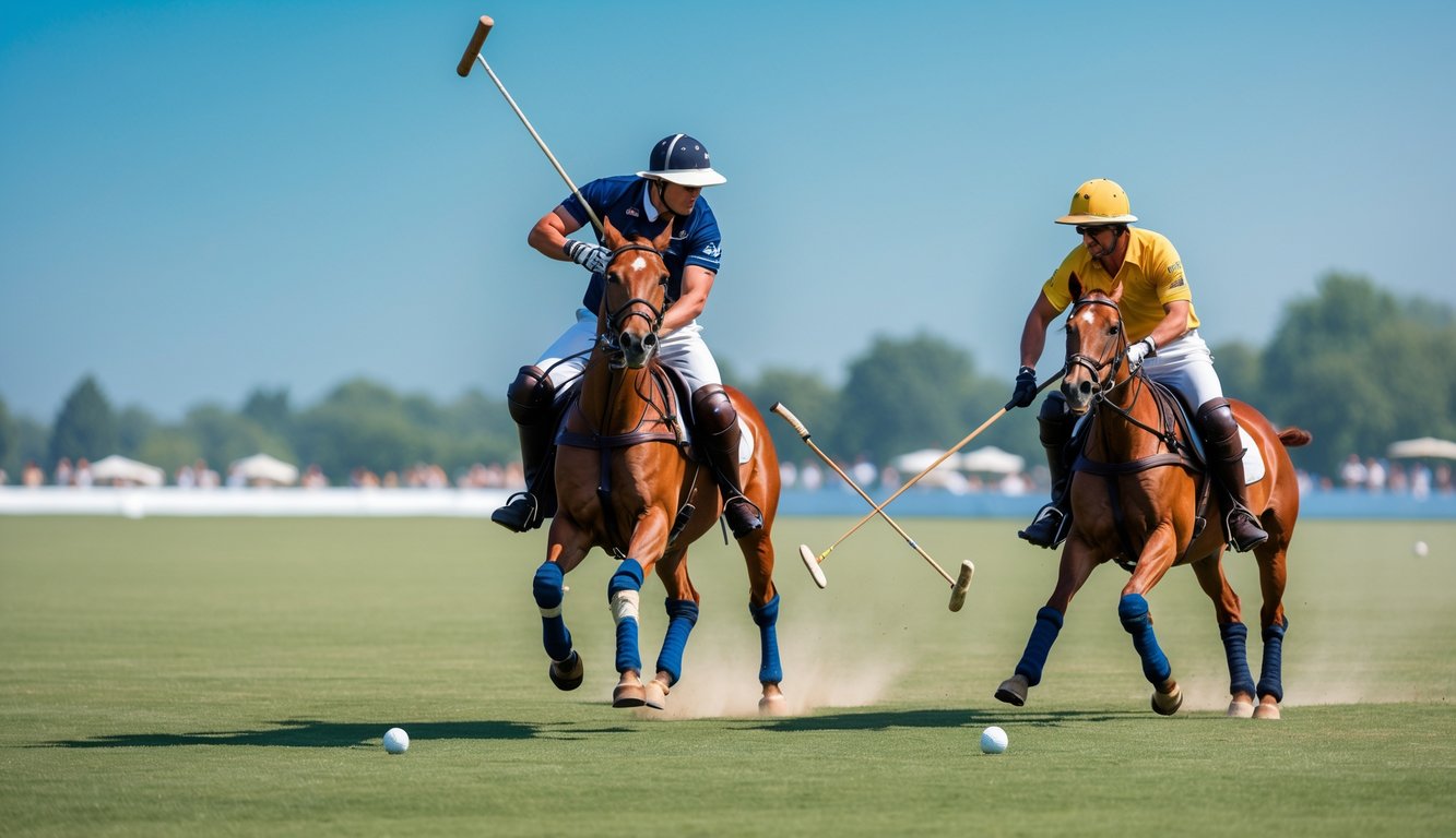 Dua pemain polo berkuda sedang bertanding di lapangan hijau dengan langit cerah.