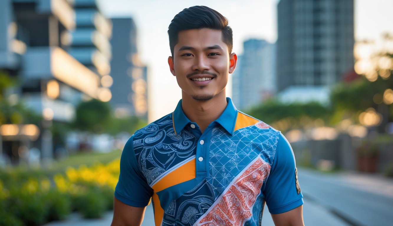 Seorang pria muda Indonesia mengenakan kaos polo berdiri di luar ruangan dengan latar belakang kota dan pepohonan.