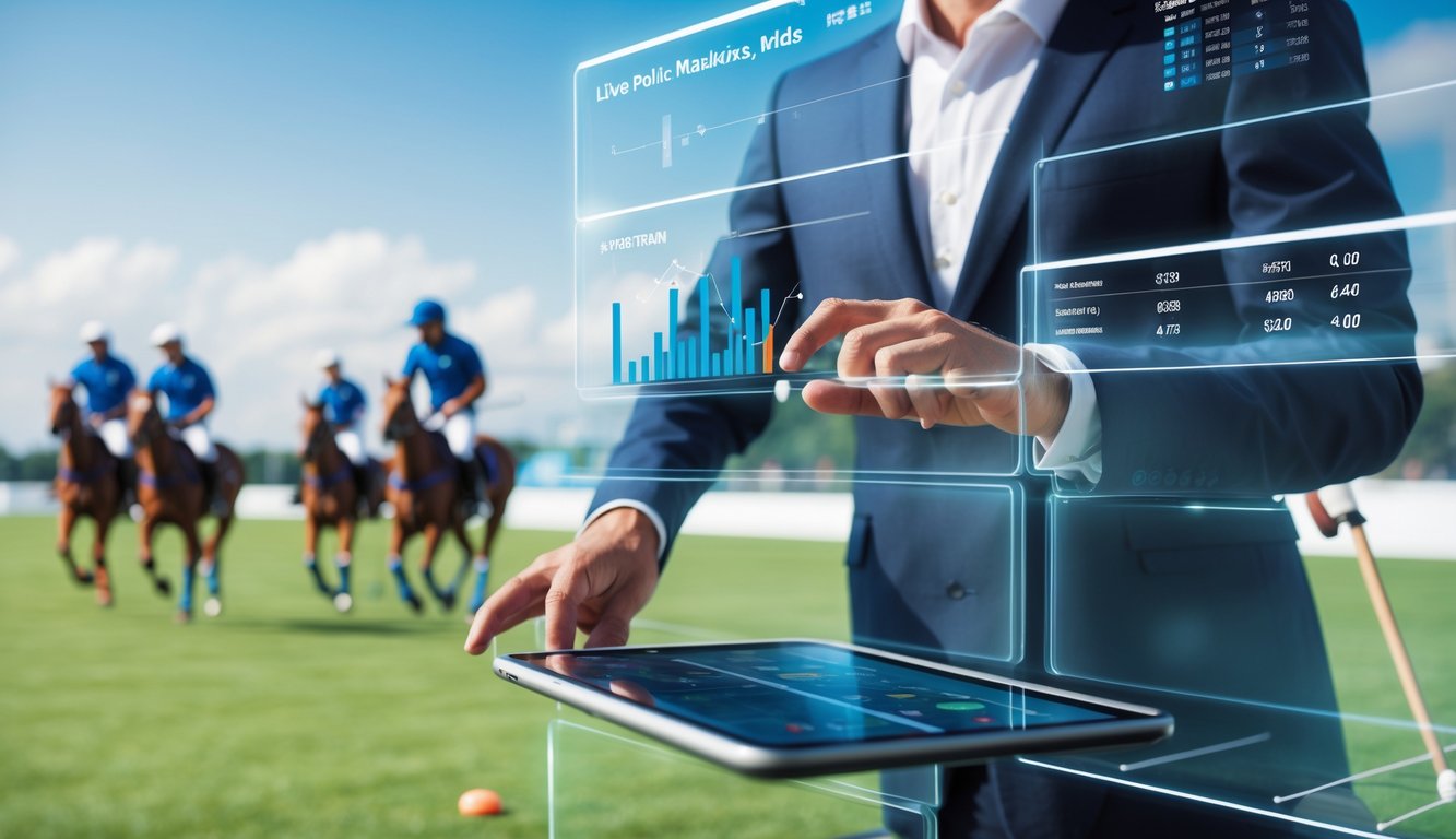 Seseorang menggunakan tablet untuk memasang taruhan olahraga polo dengan pertandingan polo sedang berlangsung di latar belakang.