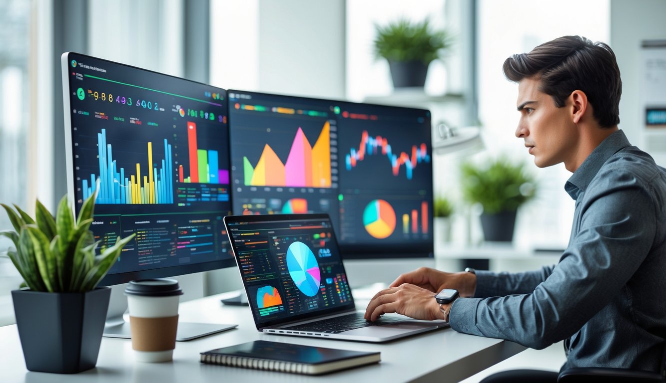 Seorang profesional muda sedang menganalisis data prediksi di depan komputer di ruang kerja modern.