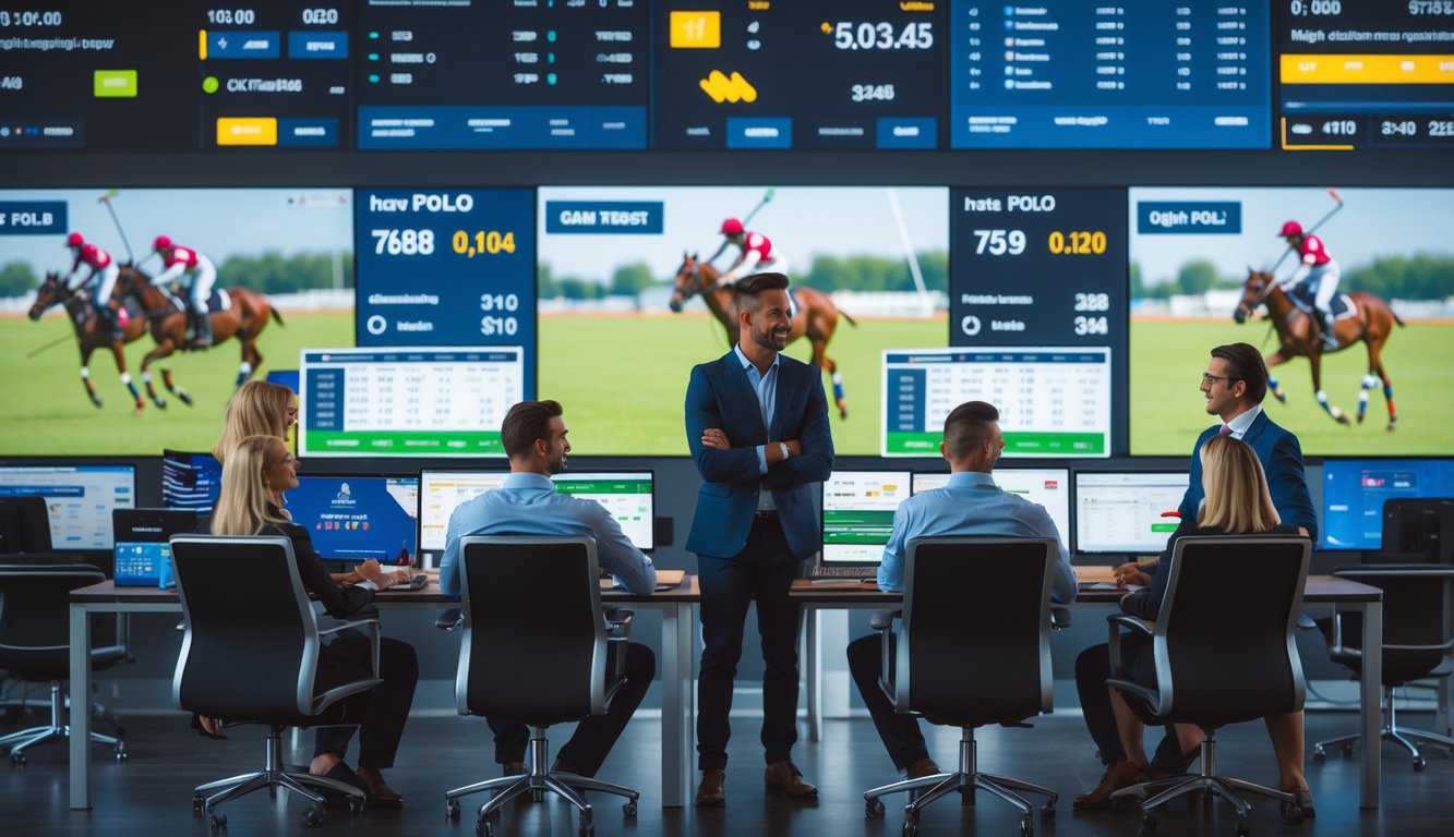 Suasana kantor modern dengan tim profesional yang sedang bekerja dan berdiskusi di depan layar komputer yang menampilkan data pertandingan polo dan taruhan.