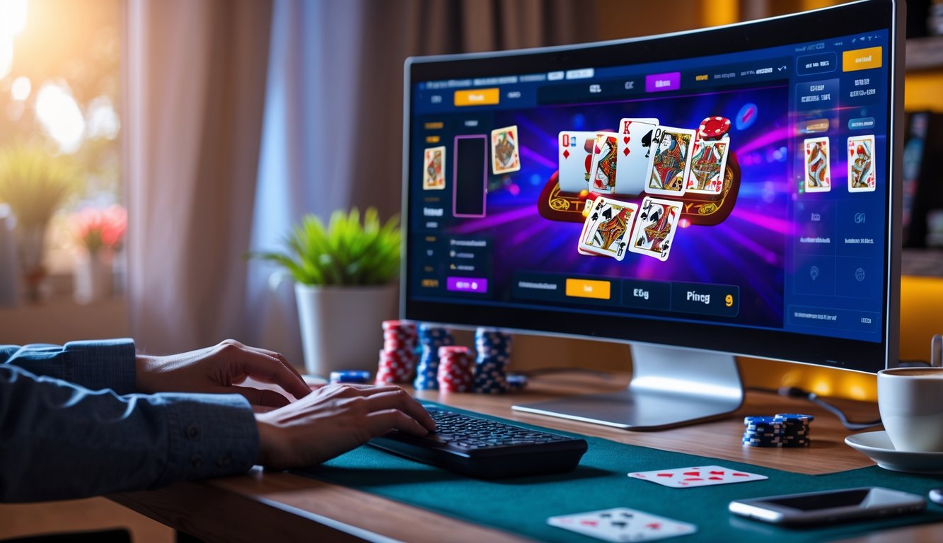 Seorang pemain sedang bermain poker online di komputer dengan tumpukan chip dan kartu di meja.
