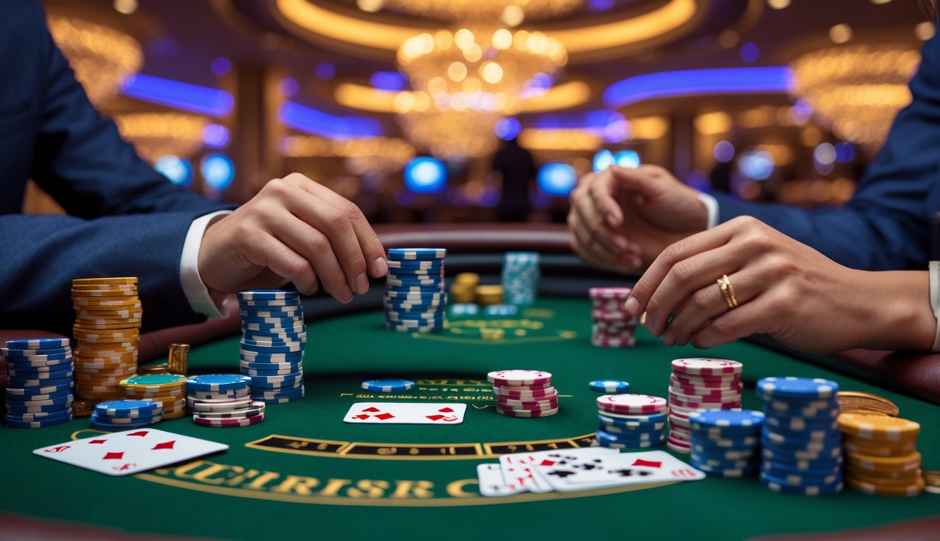 Meja poker dengan tumpukan chip dan kartu di kasino mewah dengan pencahayaan hangat.