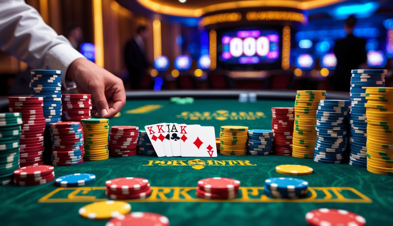 Meja poker dengan tumpukan chip warna-warni dan kartu yang menunjukkan kemenangan, suasana kasino yang hidup dengan lampu hangat.