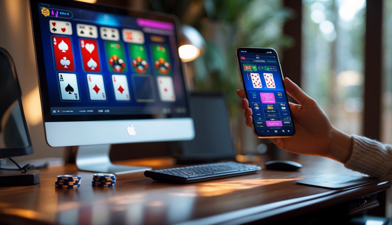 Tangan seseorang menggunakan komputer dan ponsel pintar yang menampilkan permainan poker online di meja kayu di ruangan yang nyaman.