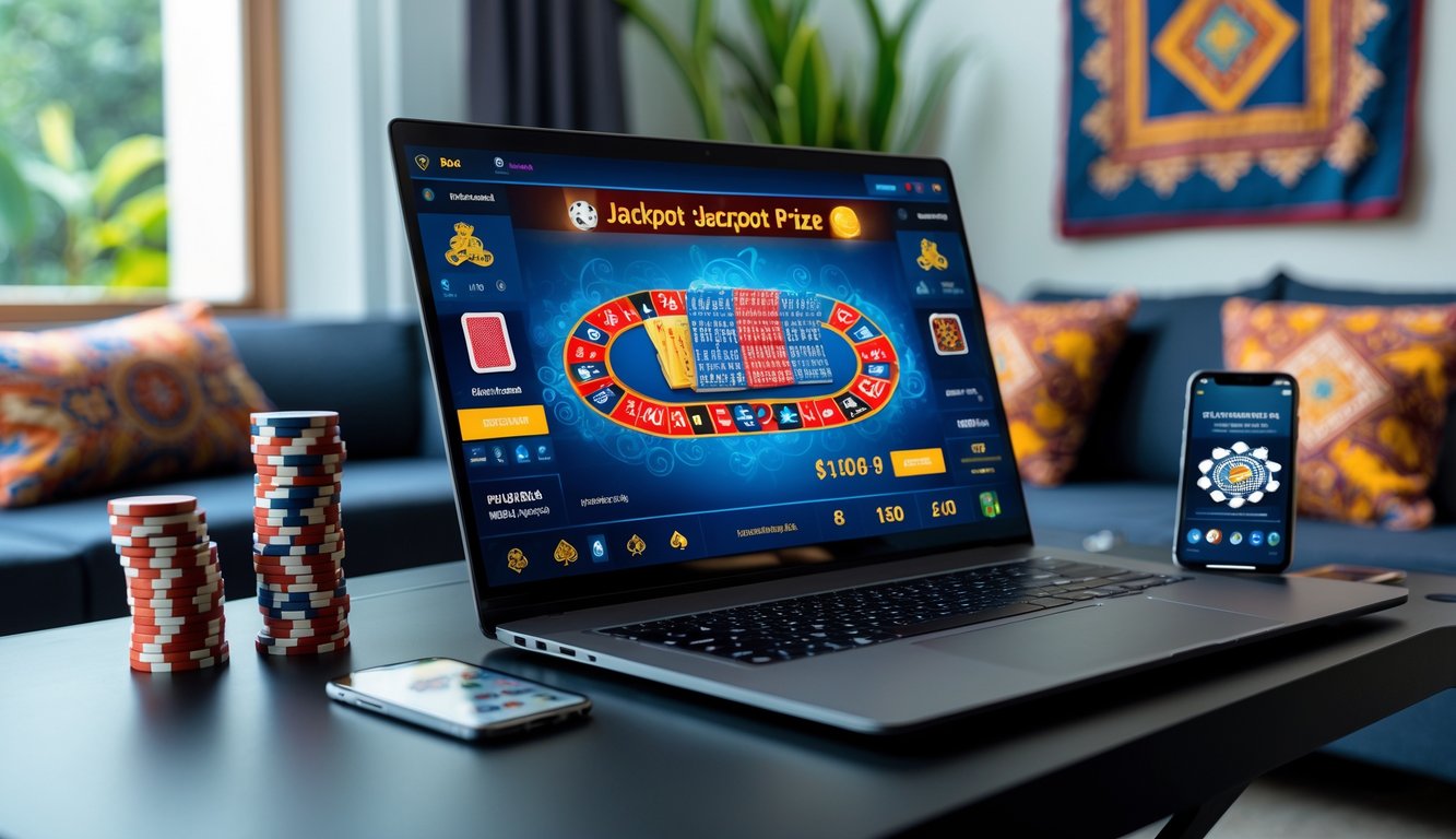 Seorang pemain poker online menggunakan komputer dengan tampilan permainan poker dan tumpukan chip di meja, di ruangan dengan hiasan batik Indonesia.