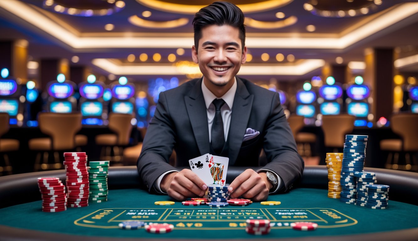 Seorang pemain poker tersenyum sambil memegang kartu dan tumpukan chip di meja kasino yang mewah.