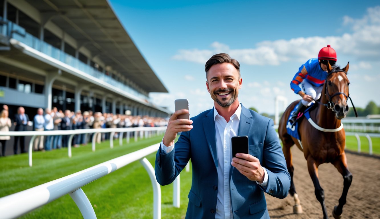 Seorang agen pacuan kuda merayakan kemenangan besar di dekat lintasan pacu dengan seekor kuda dan joki yang sedang berlari menang.