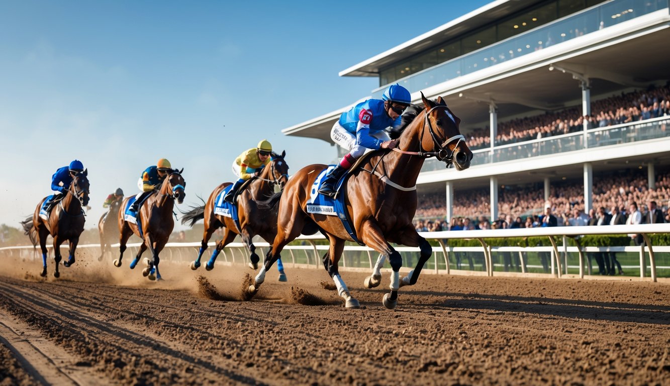 Beberapa kuda pacu berlari cepat di lintasan pacuan dengan joki mengenakan pakaian balap berwarna-warni, di depan tribun penonton yang ramai.