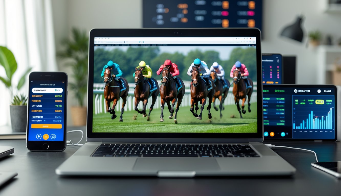 Seseorang menggunakan komputer di meja dengan layar menampilkan balapan kuda yang sedang berlangsung, dikelilingi oleh elemen taruhan online seperti ponsel dan grafik digital.