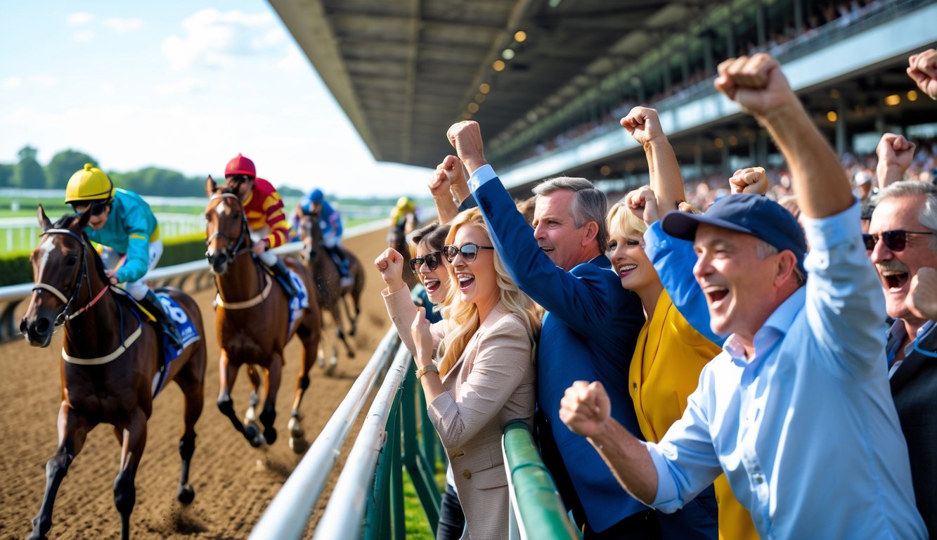 Sejumlah kuda pacuan berlari cepat di lintasan dengan penonton dan petaruh yang antusias merayakan kemenangan besar.