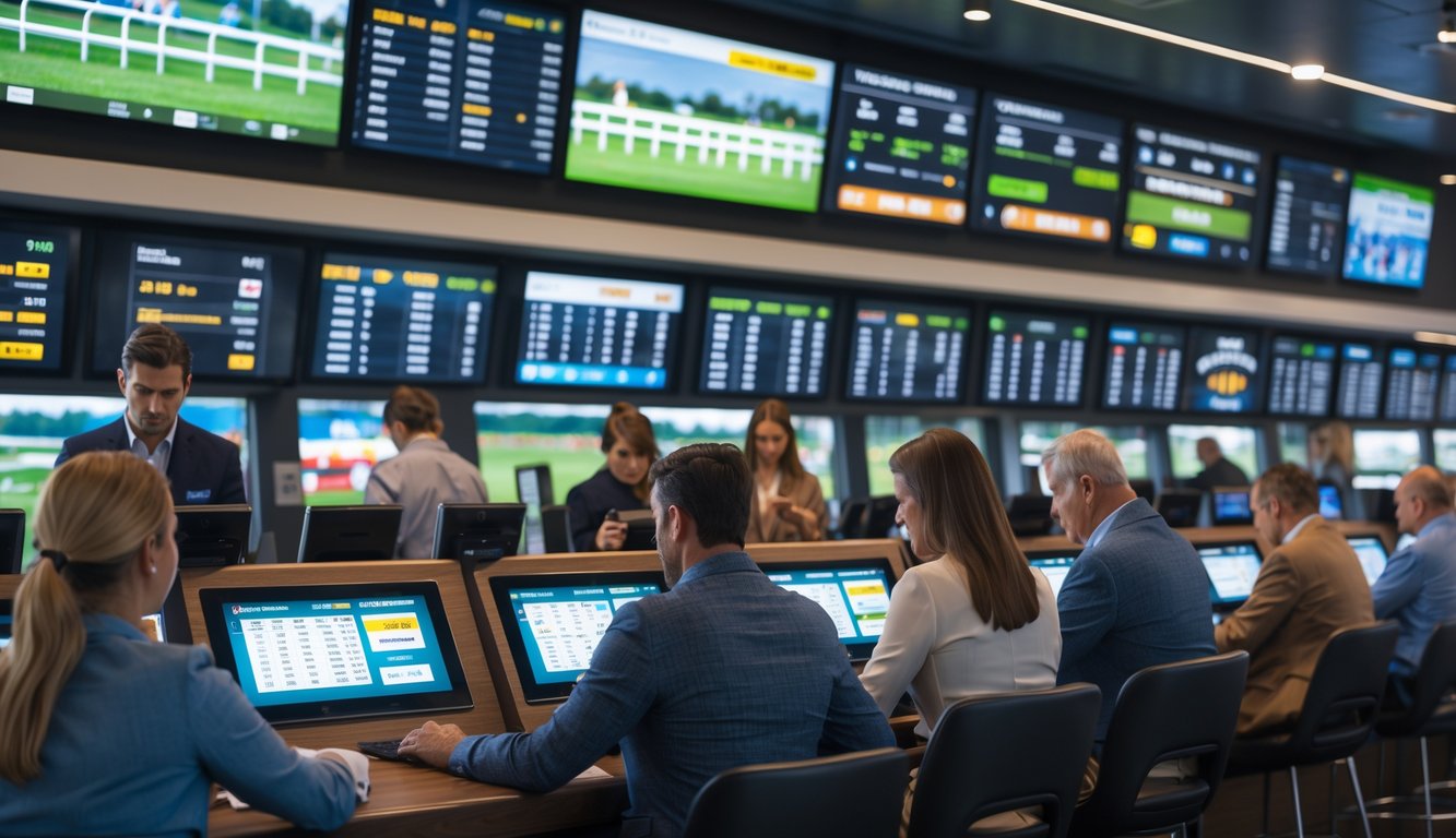 Suasana dalam agen pacuan kuda dengan orang-orang yang sedang memasang taruhan di layar digital dan perangkat seluler.