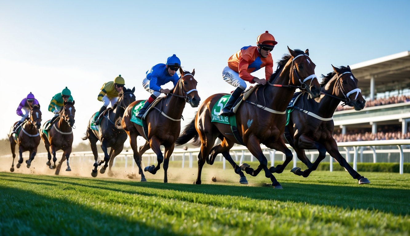 Beberapa kuda pacuan berlari cepat di lintasan dengan joki mengenakan pakaian berwarna-warni.