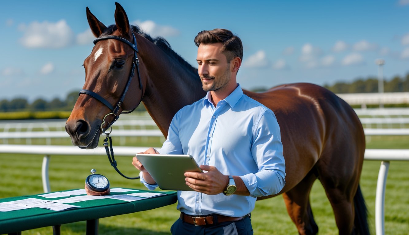 Seorang pria berdiri di samping seekor kuda pacu di lintasan balap, memegang tablet sambil melihat kuda dengan latar belakang lintasan dan langit cerah.